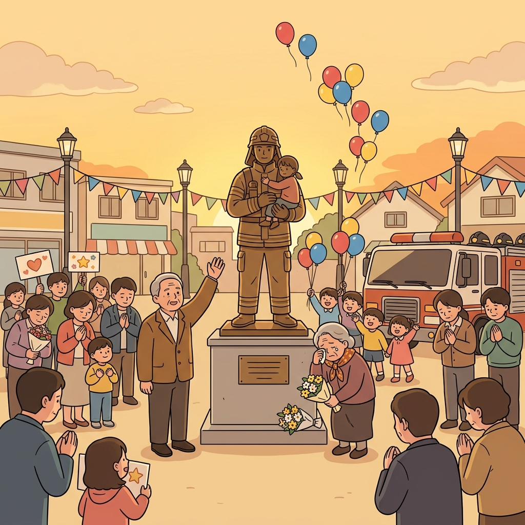 The whole town gathered in honor of the firefighter who saved the school.