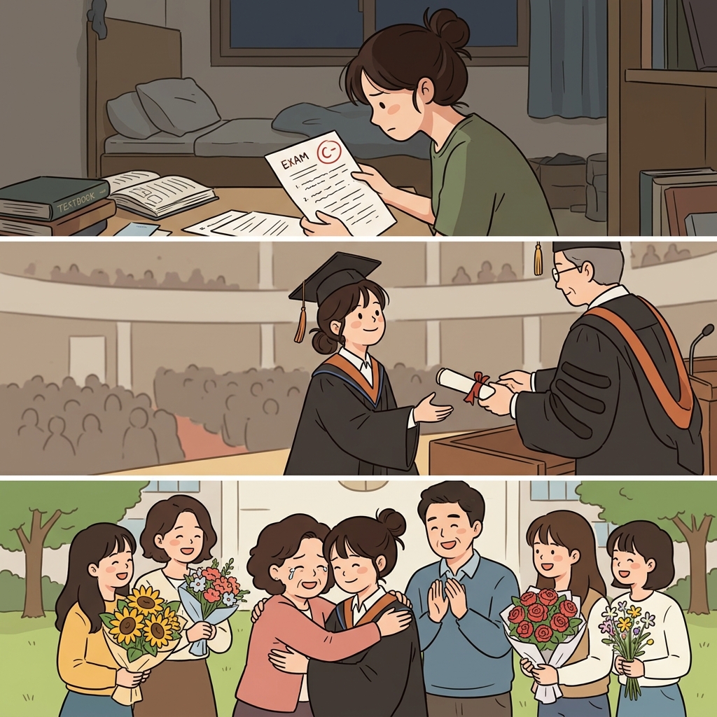 Her inadequate preparation delayed graduation, but extra effort gave her something to celebrate.