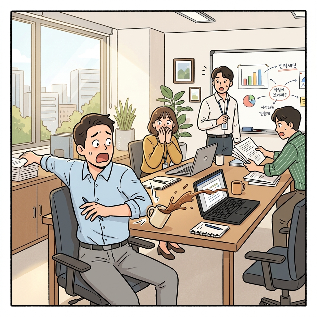 회의 중에 팔꿈치로 커피잔을 툭 쳐서 쏟아버렸다.