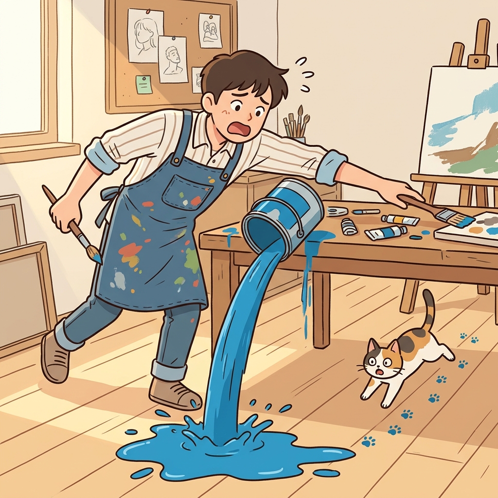 He inadvertently knocked over the paint can while reaching for a brush.