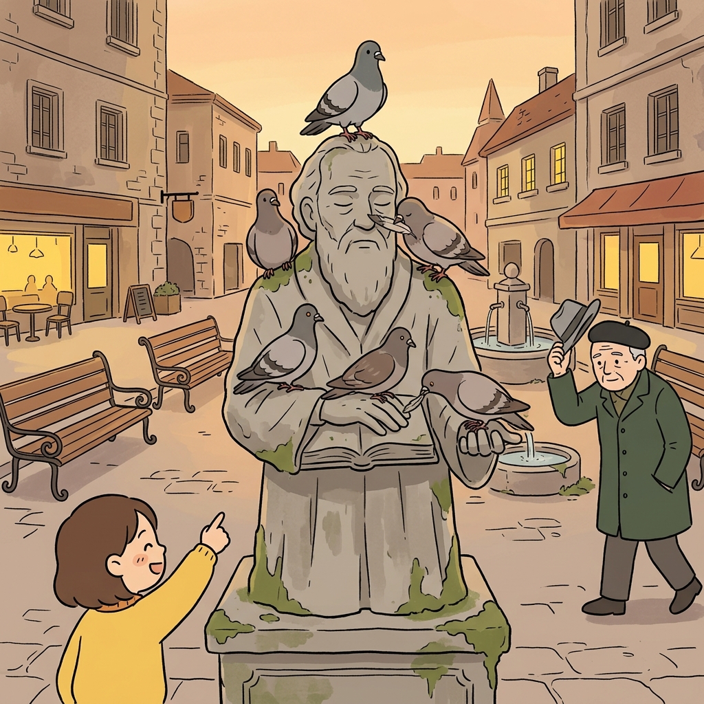 The inanimate stone statue stood silent while pigeons landed all over it.
