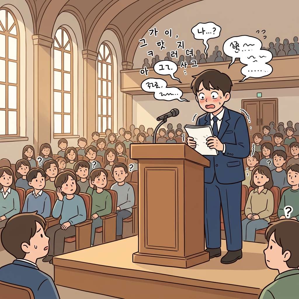 연단에 선 그는 말문이 막혀 한마디도 못 했다.