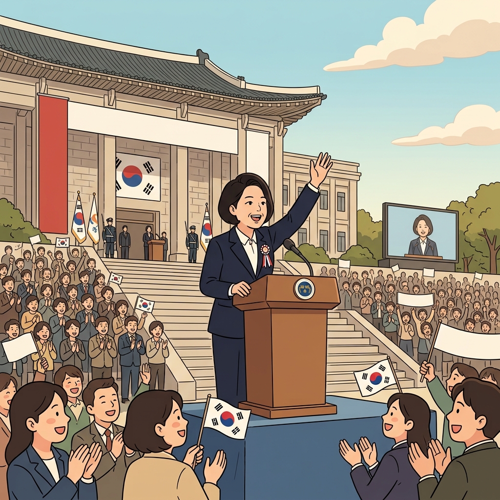 대통령은 환호하는 군중 앞에서 취임 연설을 했다.