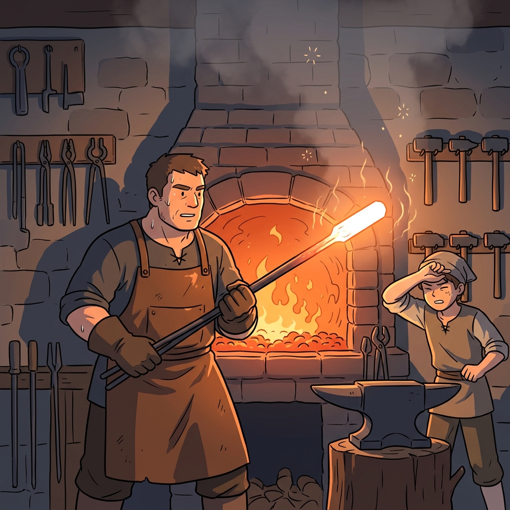 The blacksmith pulls an incandescent iron rod from the roaring forge fire.