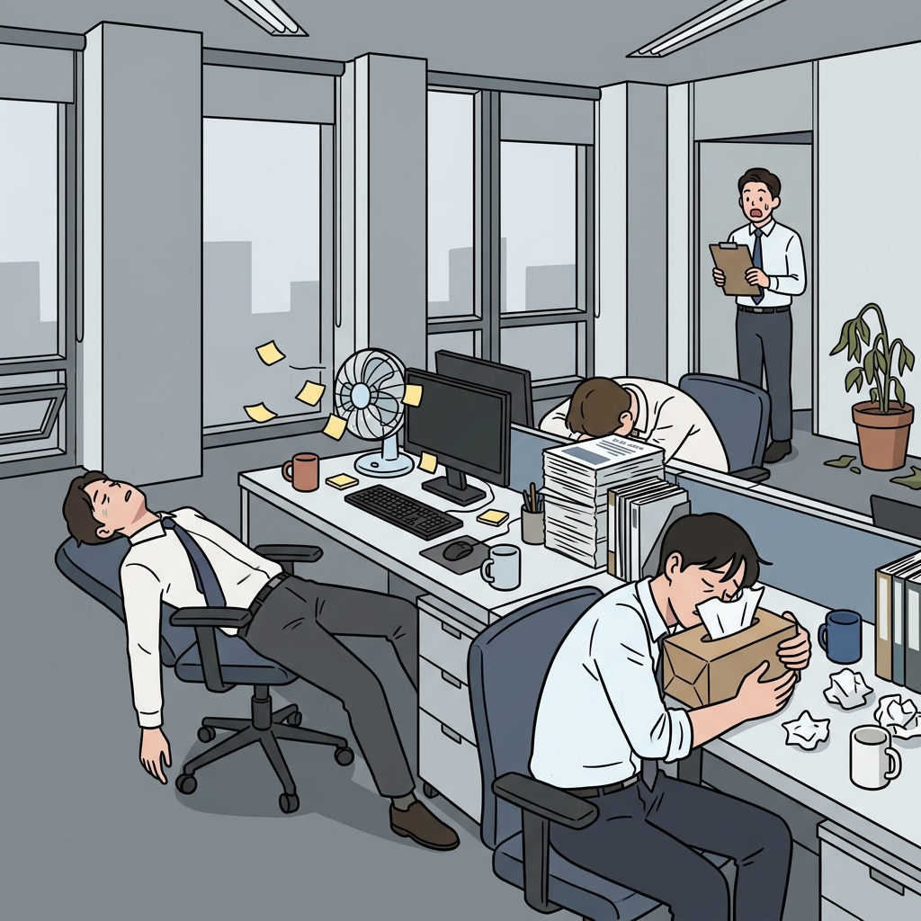 The sudden flu incapacitated the entire office by Friday afternoon.