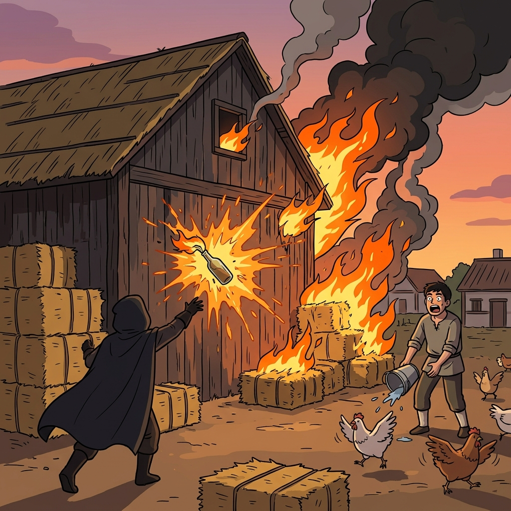 The incendiary bottle shattered against the wall and instantly set the barn ablaze.