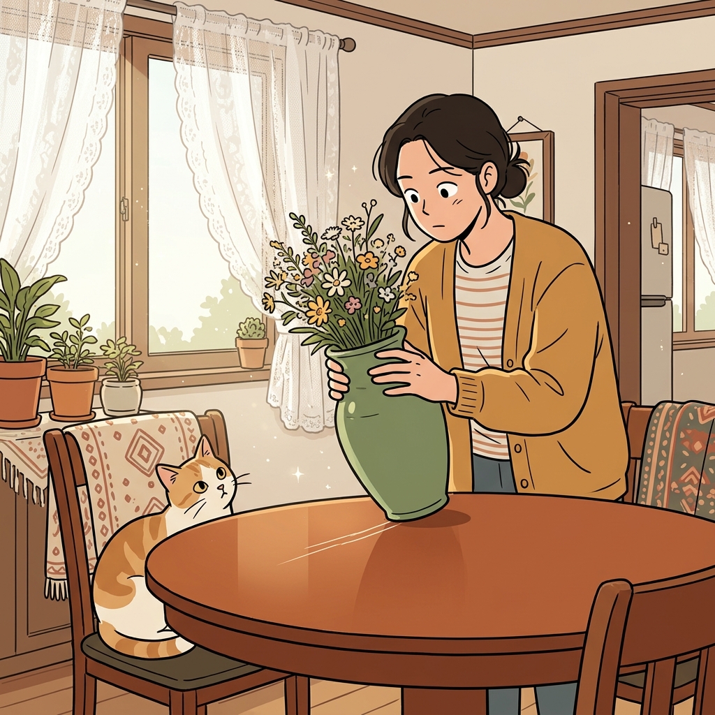 The incidental scratch on the table happened while moving the vase.