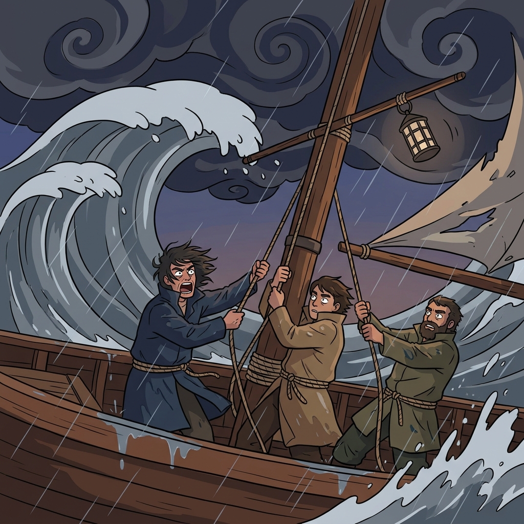 The inclement storm forced sailors to lash themselves to the deck.