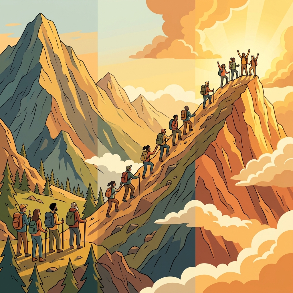The hikers climbed the incline and reached a shining mountain peak.