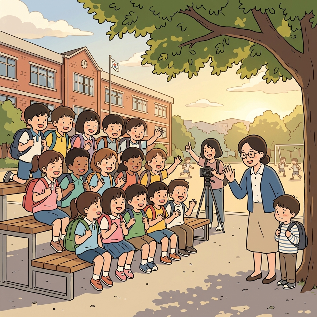 The teacher makes sure to include every child in the group photo.