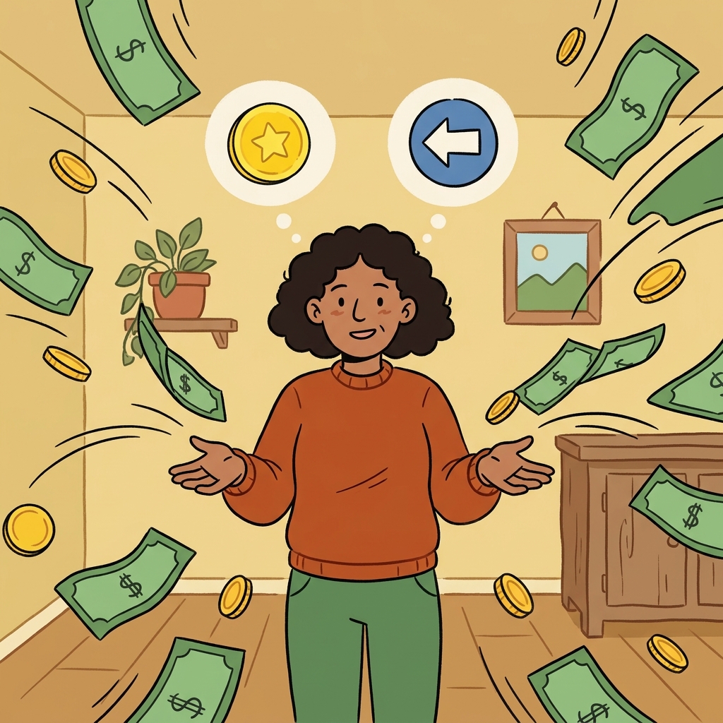 Coins and bills came in from many directions and became the woman's income. (IN + COME → money comes in)
