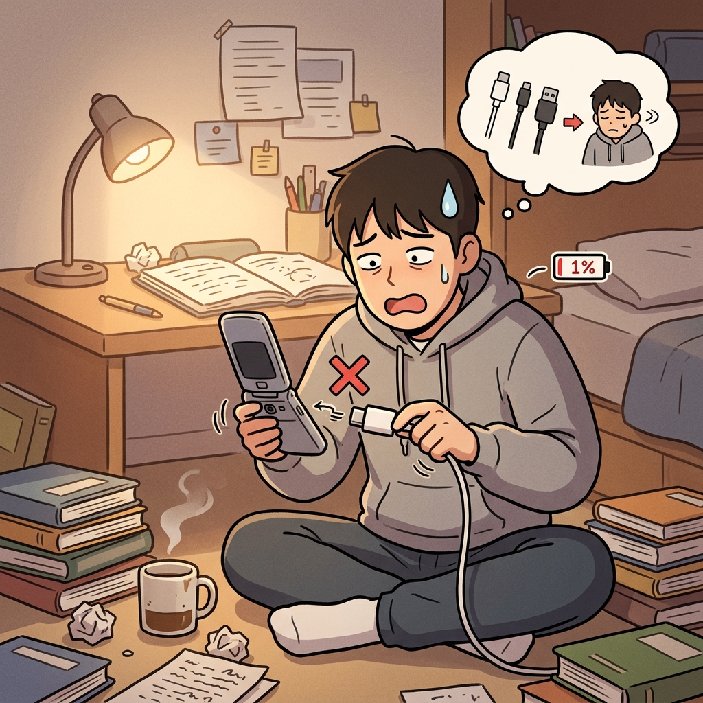 The new charger is incompatible with his old phone, so nothing happens.