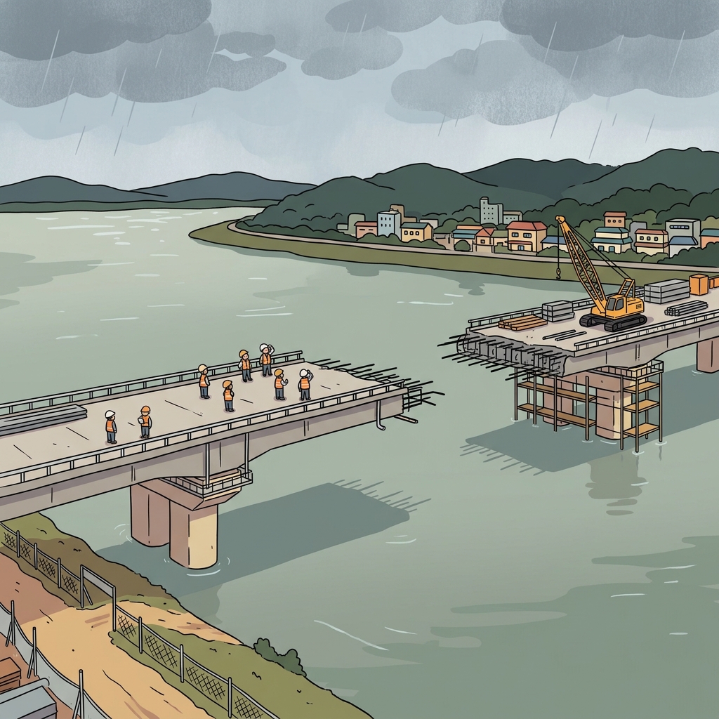 The builder left the bridge incomplete before the rainy season began.