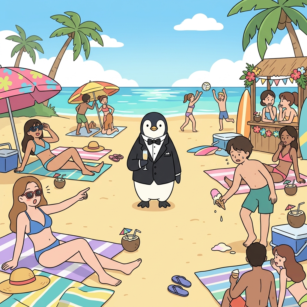 The tuxedo penguin at the beach party shows a striking incongruity.