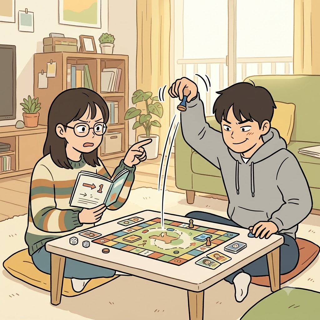"한 칸(in con)씩(si) 건(quen)너뛰(t)어?" 보드게임에서 속임수를 쓰며, 그는 여러 칸을 건너뛰겠다는 완전히 앞뒤가 안 맞는(inconsequent) 주장을 했다.