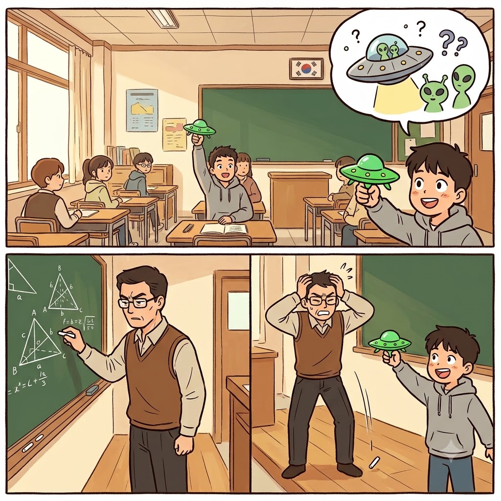 그의 방해는 빈번했지만(frequent), 외계인에 대한 학생의 질문은 수학 수업과 완전히 무관하고 엉뚱했다(inconsequent).