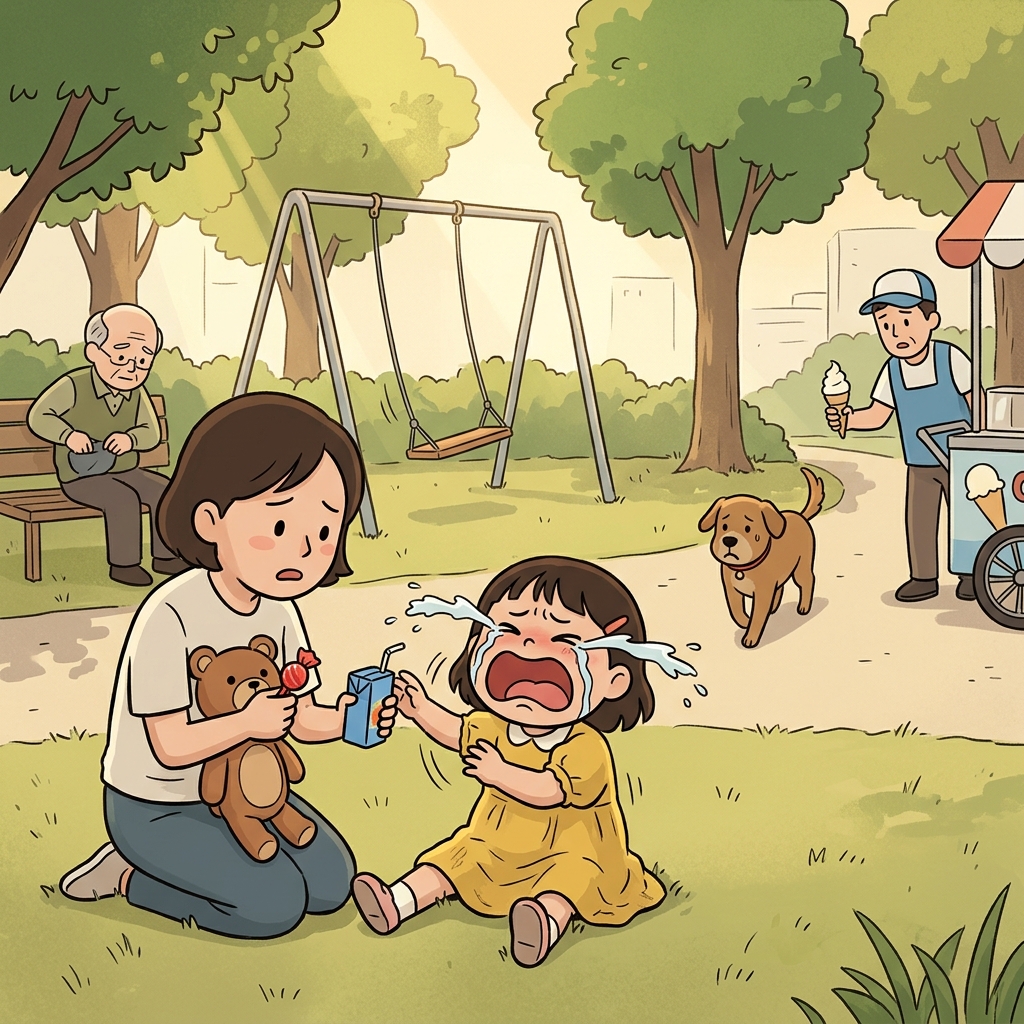 토끼 인형을 잃어버린 아이가 도무지 달래지지 않는다.