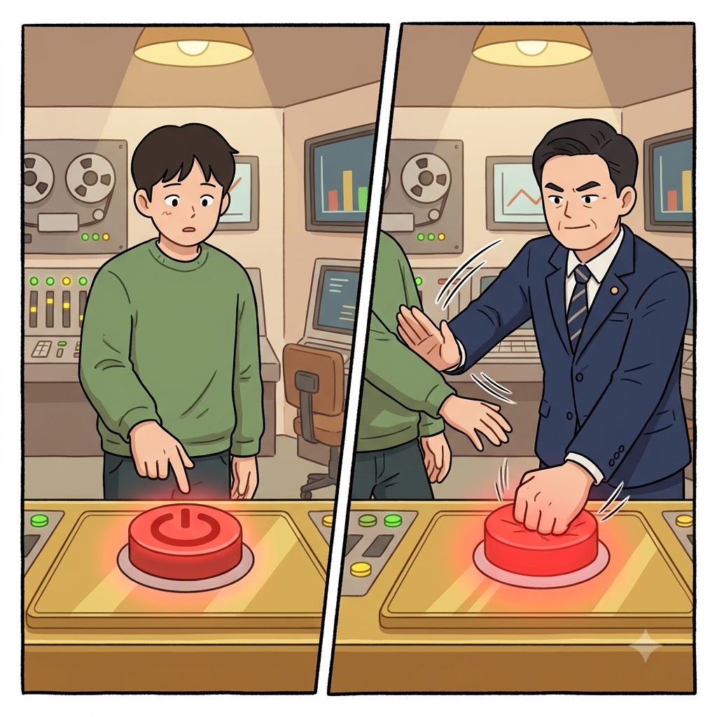 "이(in) 큰(cum) 버튼(bent)은 내가 누르지!" 낯선 이의 손을 쳐내며, 자랑스러운 현직자(incumbent)는 궁극의 권력 버튼을 눌렀다. (시장실 책상 위에 놓인 도시를 통제하는 거대한 붉은 버튼)