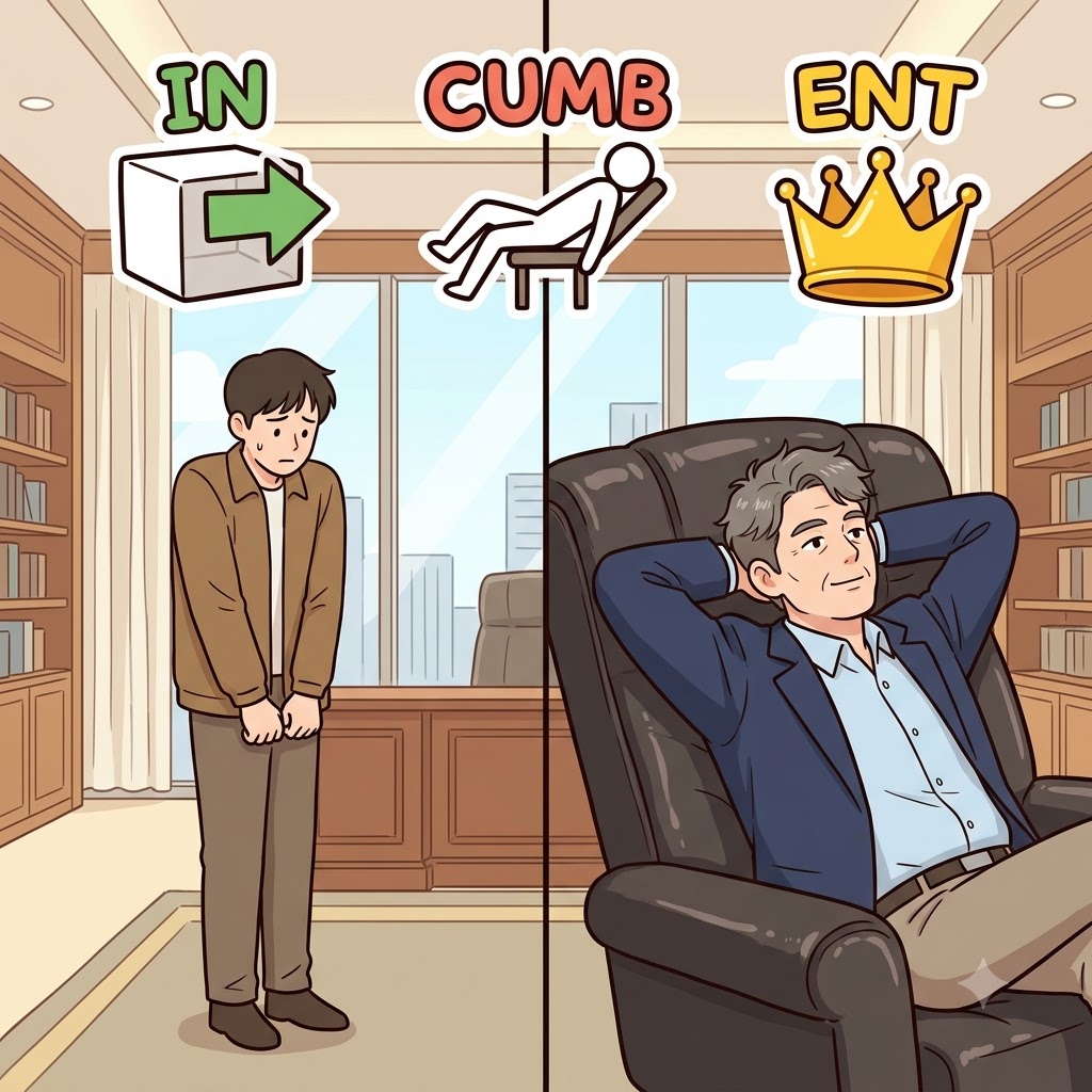 IN(안에) + CUMB(눕다) + ENT(사람) — 사무실 안(IN)에서 자유롭게 누울(CUMB) 수 있는 사람(ENT)으로 행동하며, 그는 자신이 진정한 현직자(incumbent)임을 증명했다.