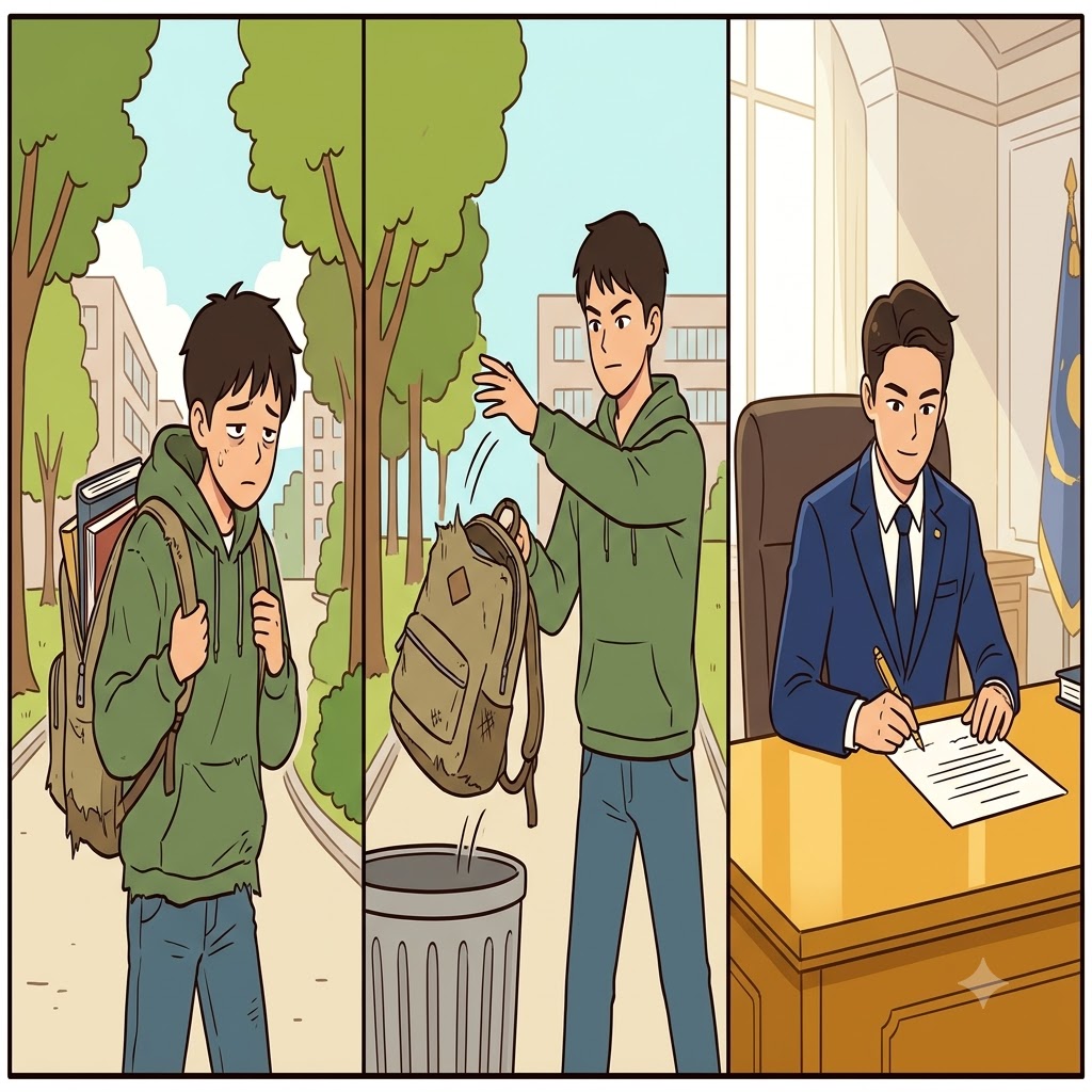 낡은 배낭을 뒤로하고, 똑똑한 학생(student)은 강력한 현직자(incumbent)로서 공식적으로 책상을 차지했다.