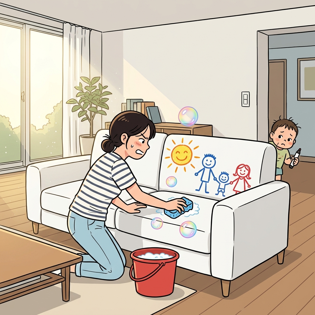 The child's indelible marker drawing on the white sofa refuses to wash off.