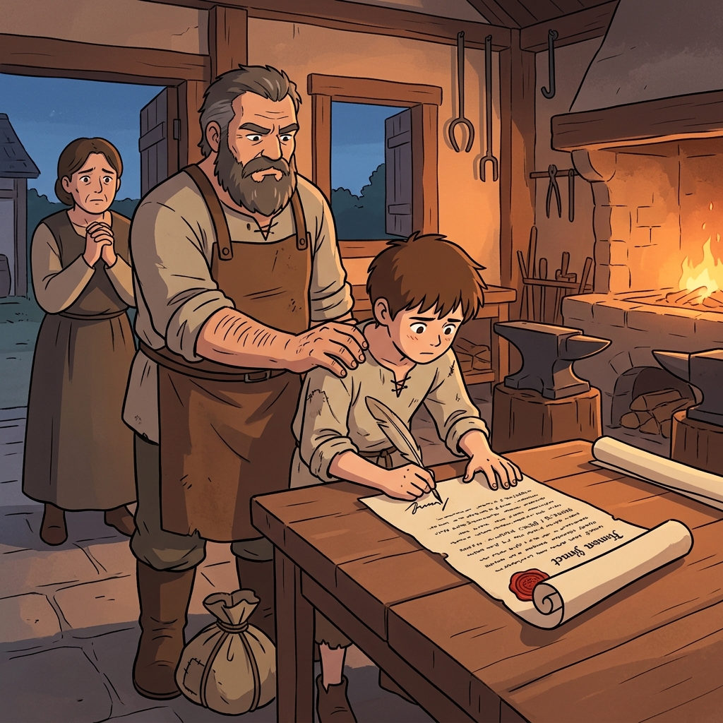 The young apprentice signs an indenture, binding him to seven years of blacksmith work.