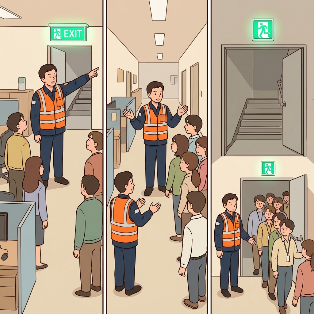 The safety officer indicated the safe exit, communicated clear instructions, and demonstrated the correct escape route.