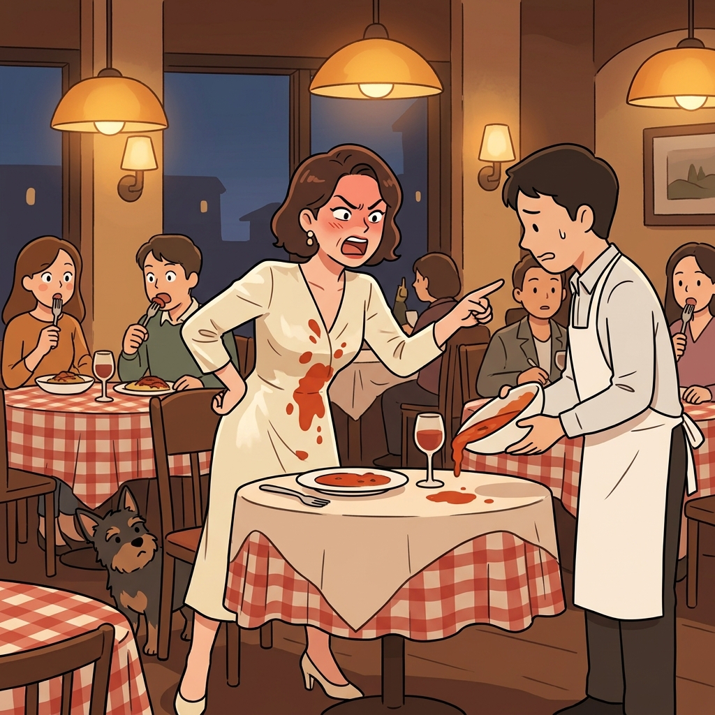 The customer looked indignant when the waiter spilled soup on her new dress.