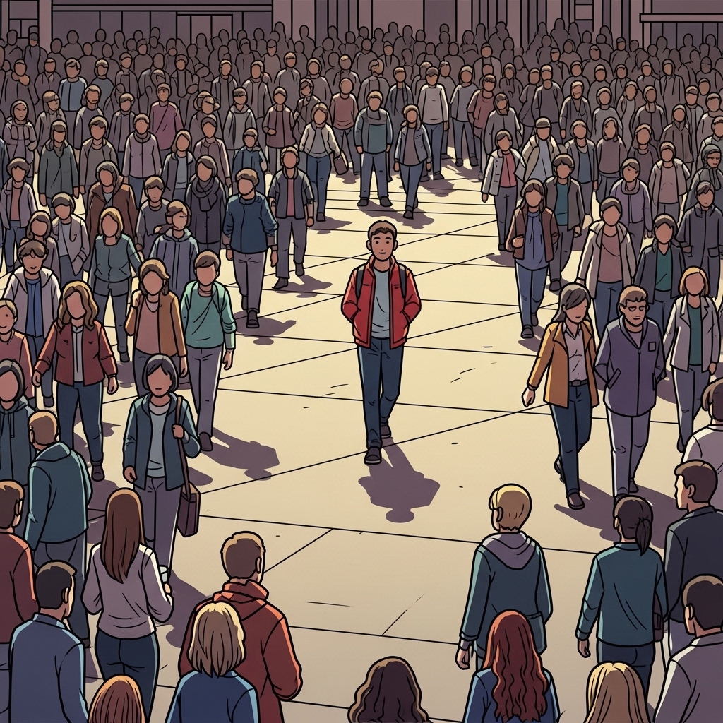 He walked individually through the crowd, confidently following his own path and moving successfully toward his goal.
