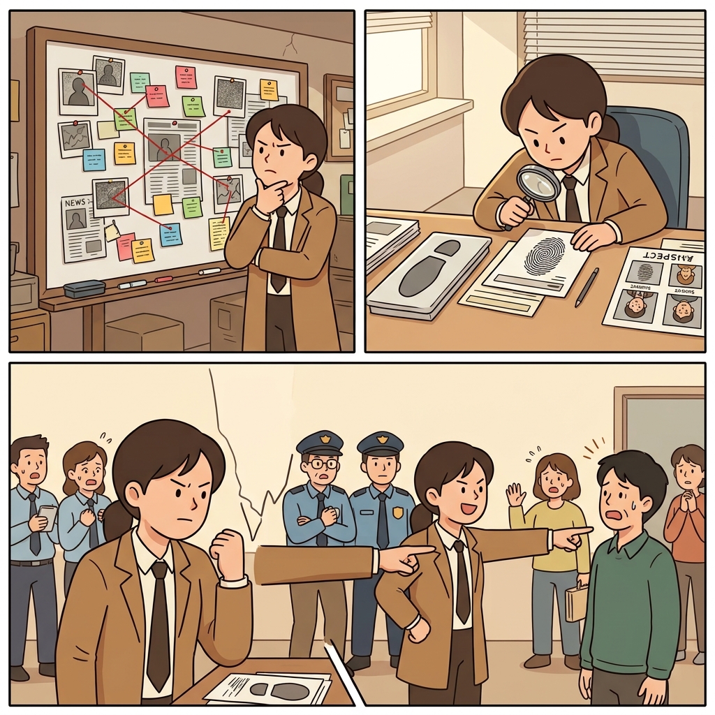 탐정은 귀납적으로 추론하고, 모든 단서를 분석한 뒤, 범인을 결론지었다.