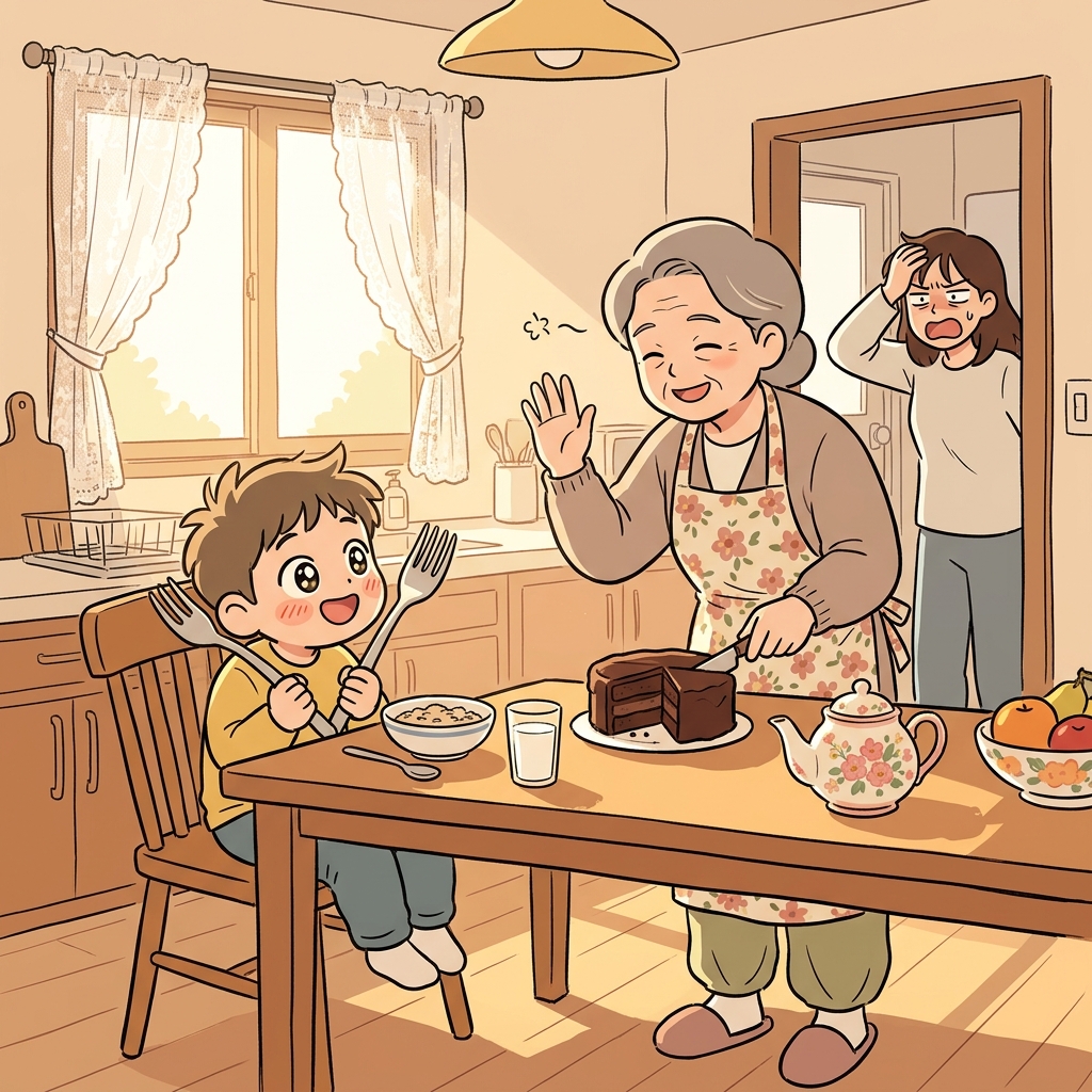 The grandmother is so indulgent that she lets her grandson eat cake for breakfast.