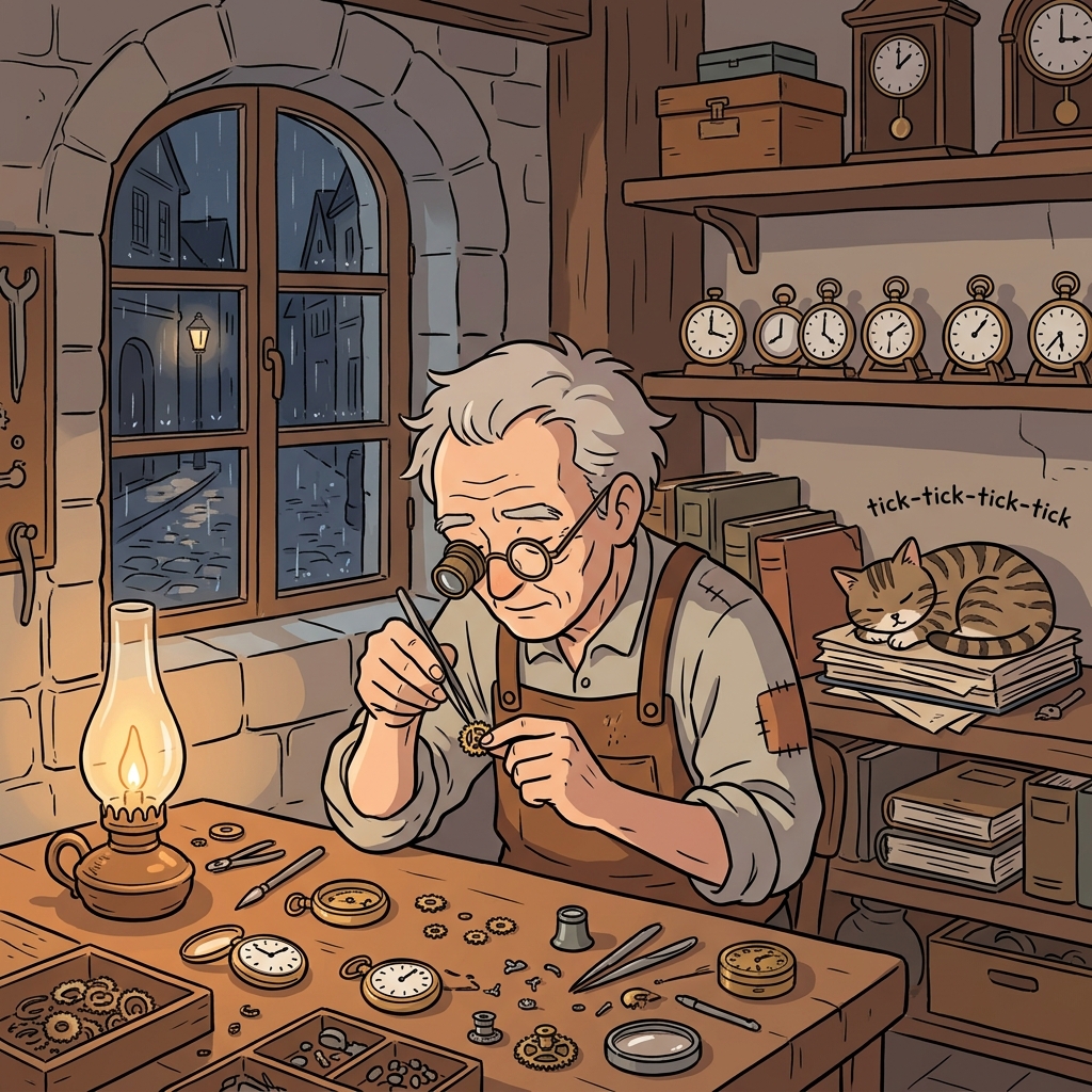 The industrious clockmaker works late into the night, crafting every gear by hand.