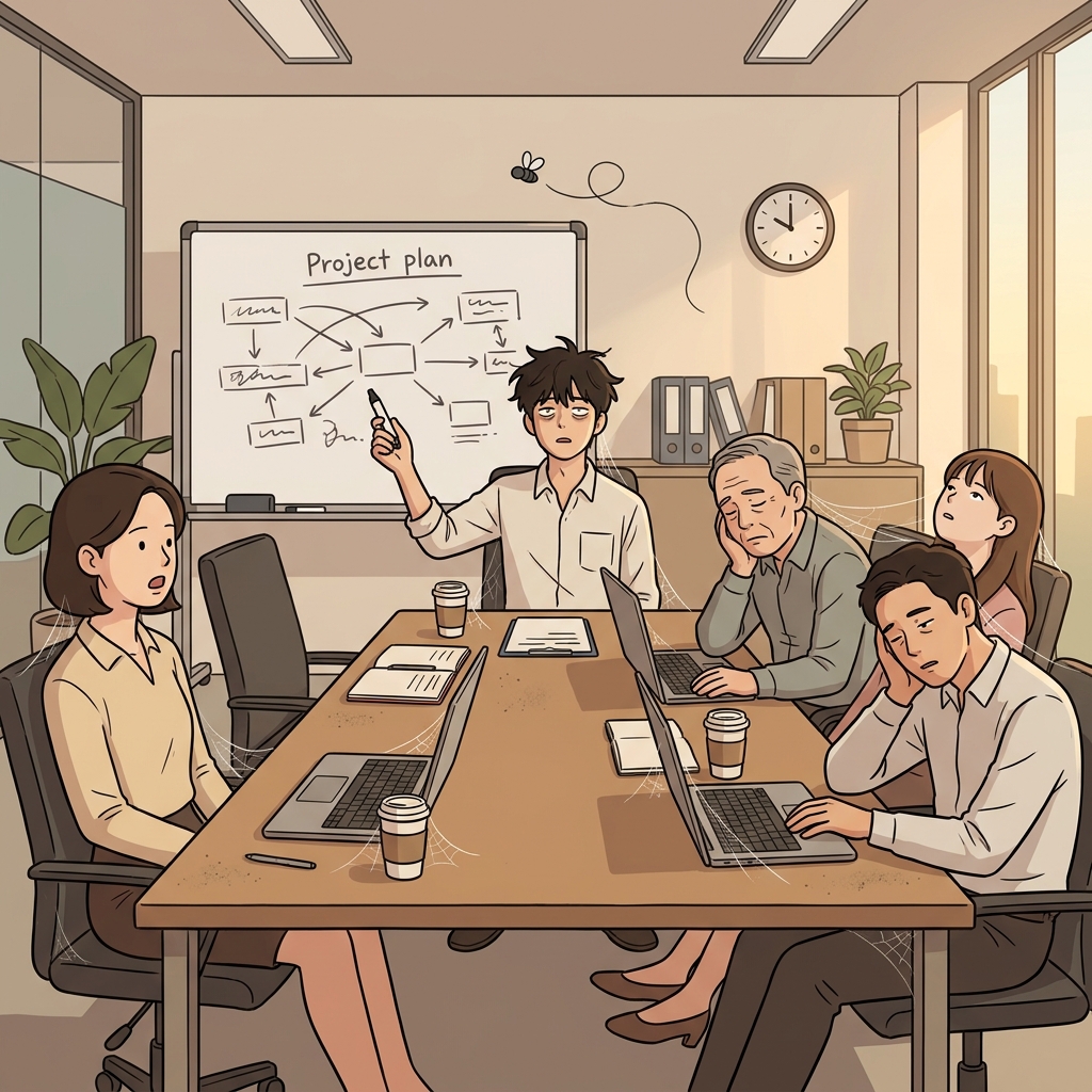아무도 먼저 안 움직여서 회의가 그대로 멈춰버렸다.