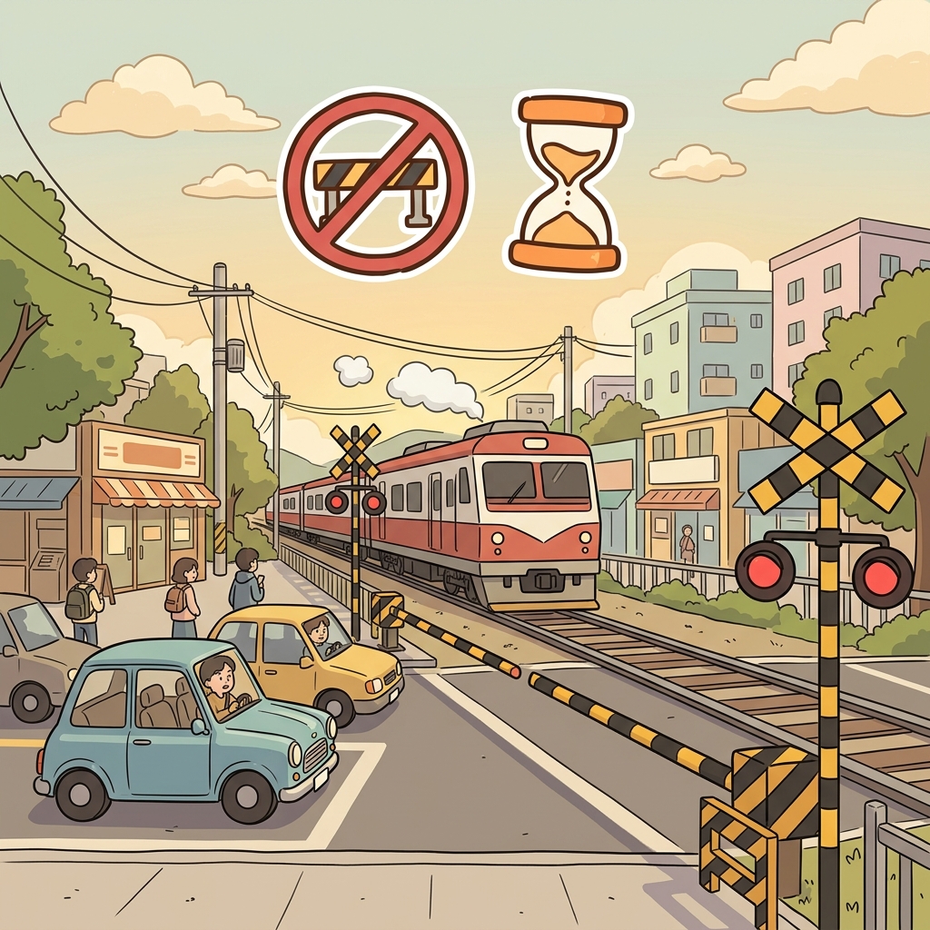 The train's arrival was inevitable, so everyone waited behind the crossing gate. (🚫 Avoid + ⏳ Future → Inevitable)