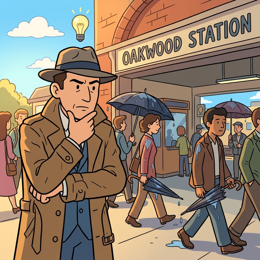 The detective inferred that it had rained because everyone's umbrellas were wet.