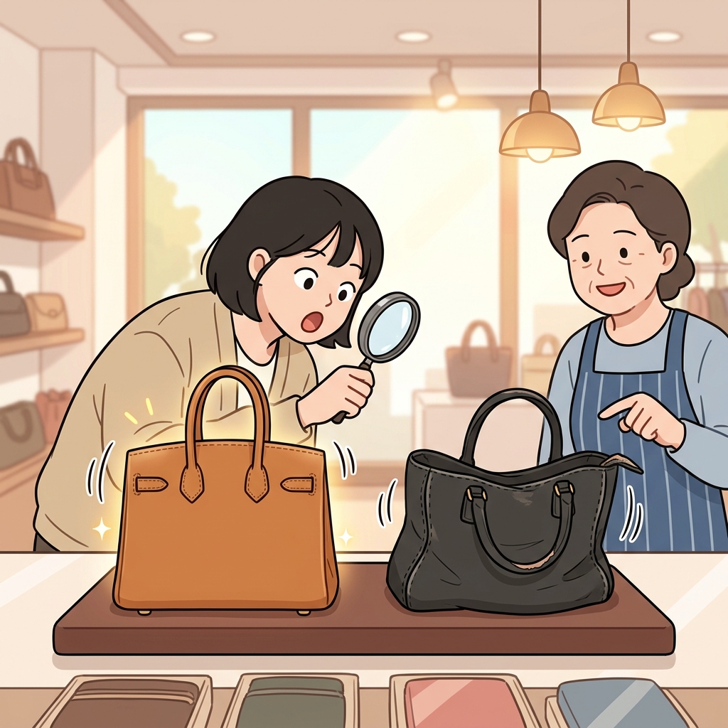 짝퉁 가방이 진짜 옆에 놓이니 확 티가 난다.
