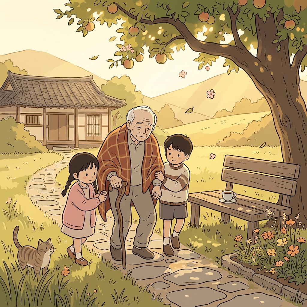 The infirm grandfather leans on his cane while grandchildren help him to the garden bench.