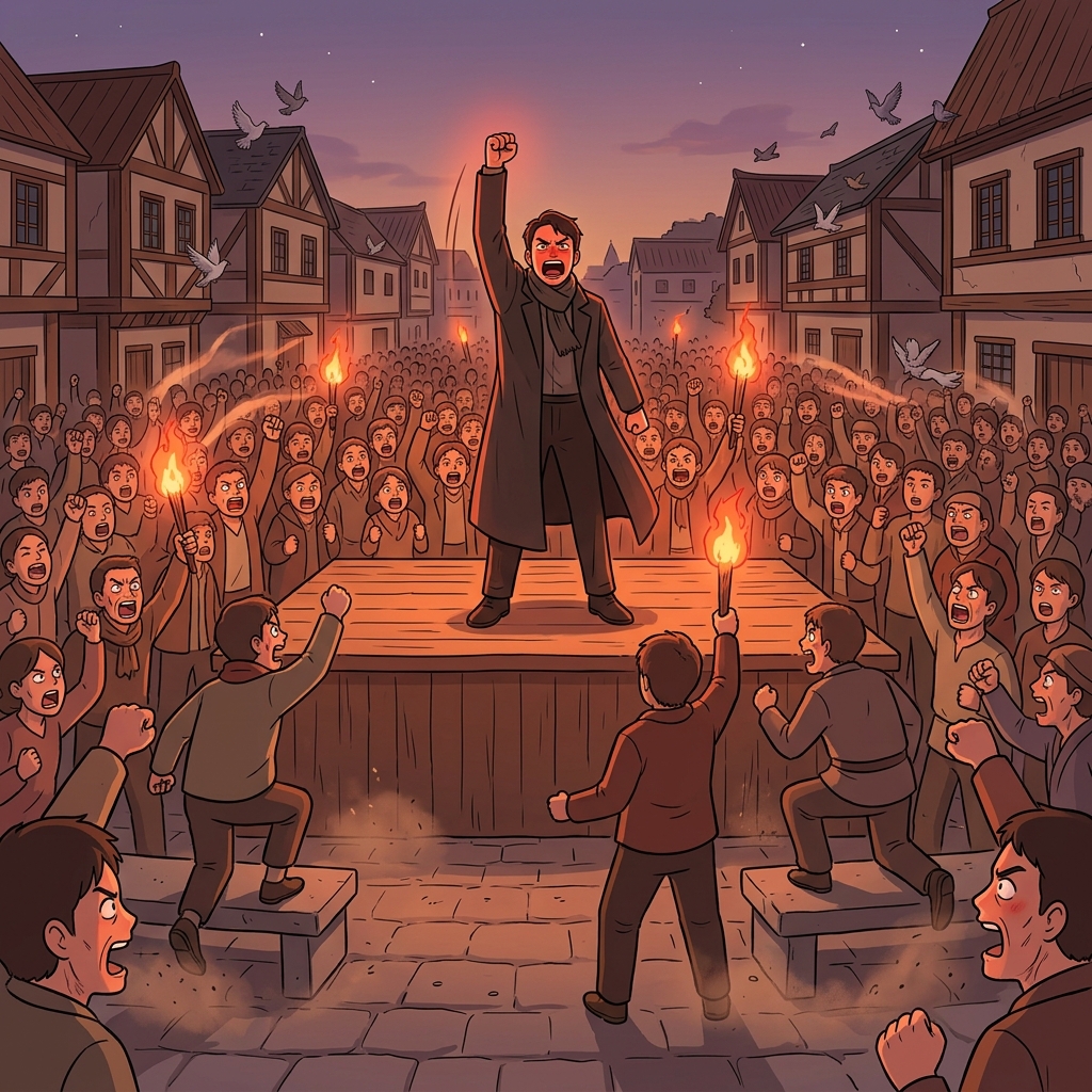 His fiery speech inflamed the crowd into a roaring frenzy.
