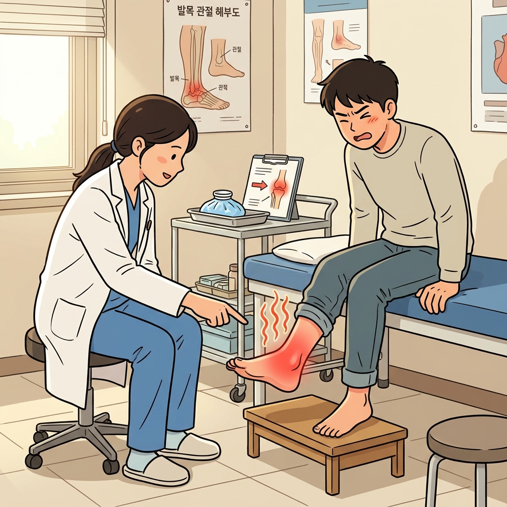 The doctor points to the red inflammation swelling around the patient's ankle.