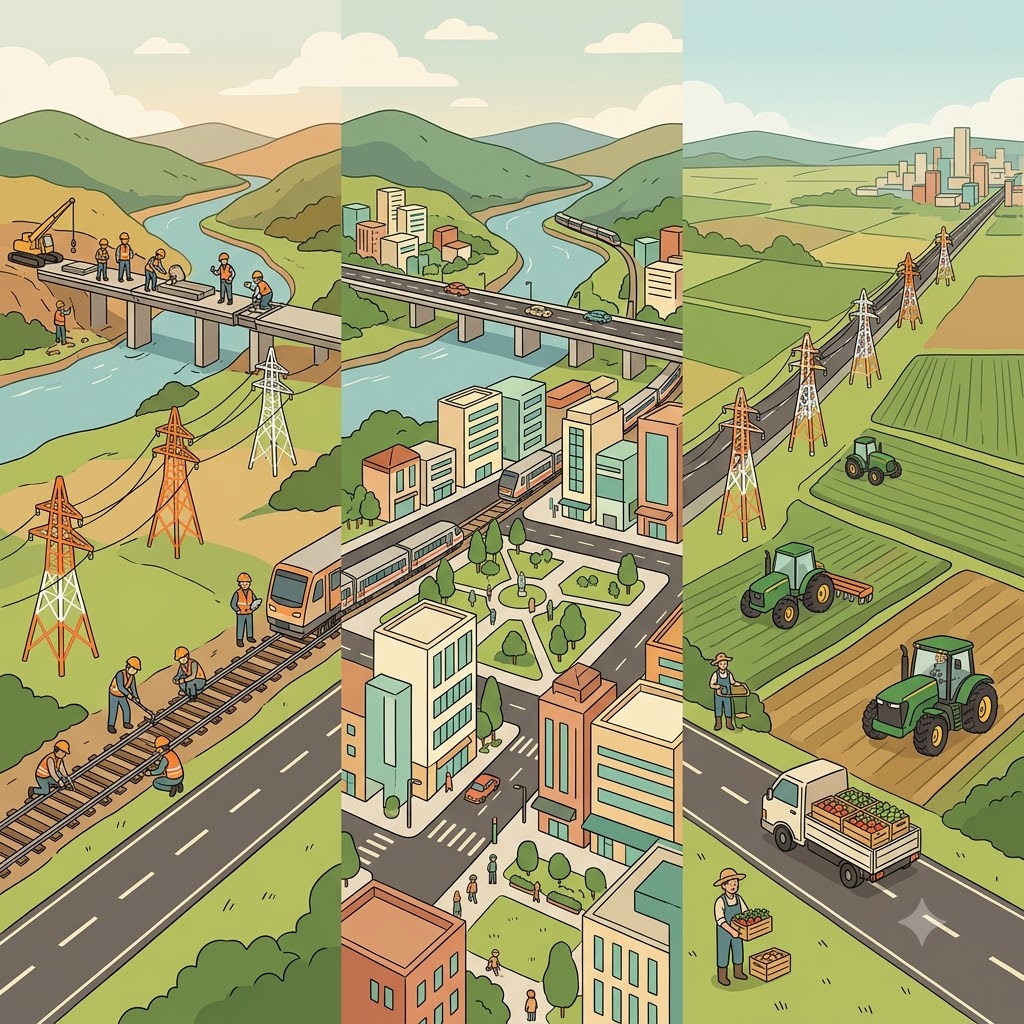 The new infrastructure supported modern architecture and improved agriculture outside the city.