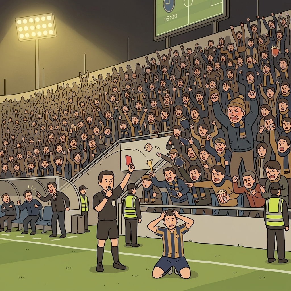 The referee's unfair call infuriated the entire stadium of home fans.