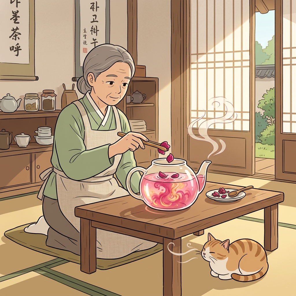 The tea master lets rose petals infuse the pot with warm fragrance.