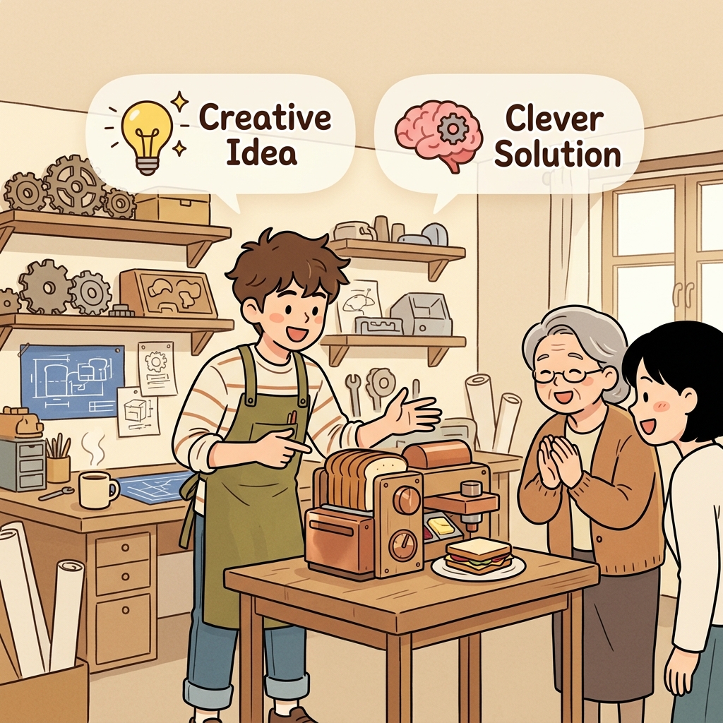 The ingenious inventor solved the problem in minutes. (💡 Creative Idea + 🧠 Clever Solution → Ingenious)