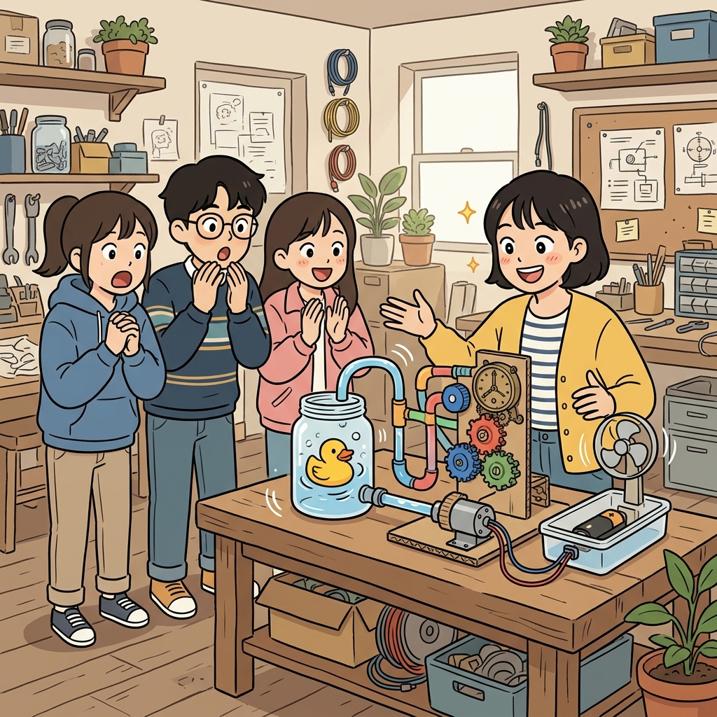 발명가는 "인재 뉴?"라고 농담한 뒤, 기발한 발명품으로 뛰어난 독창성(ingenuity)을 보여 주었다. ("인재 뉴?" → 새로운(New) 아이디어를 만들어 내는 인재)