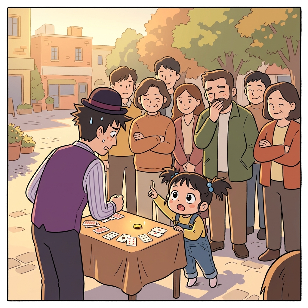 순진한 아이가 마술사한테 진짜로 어떻게 한 거냐고 물어본다.