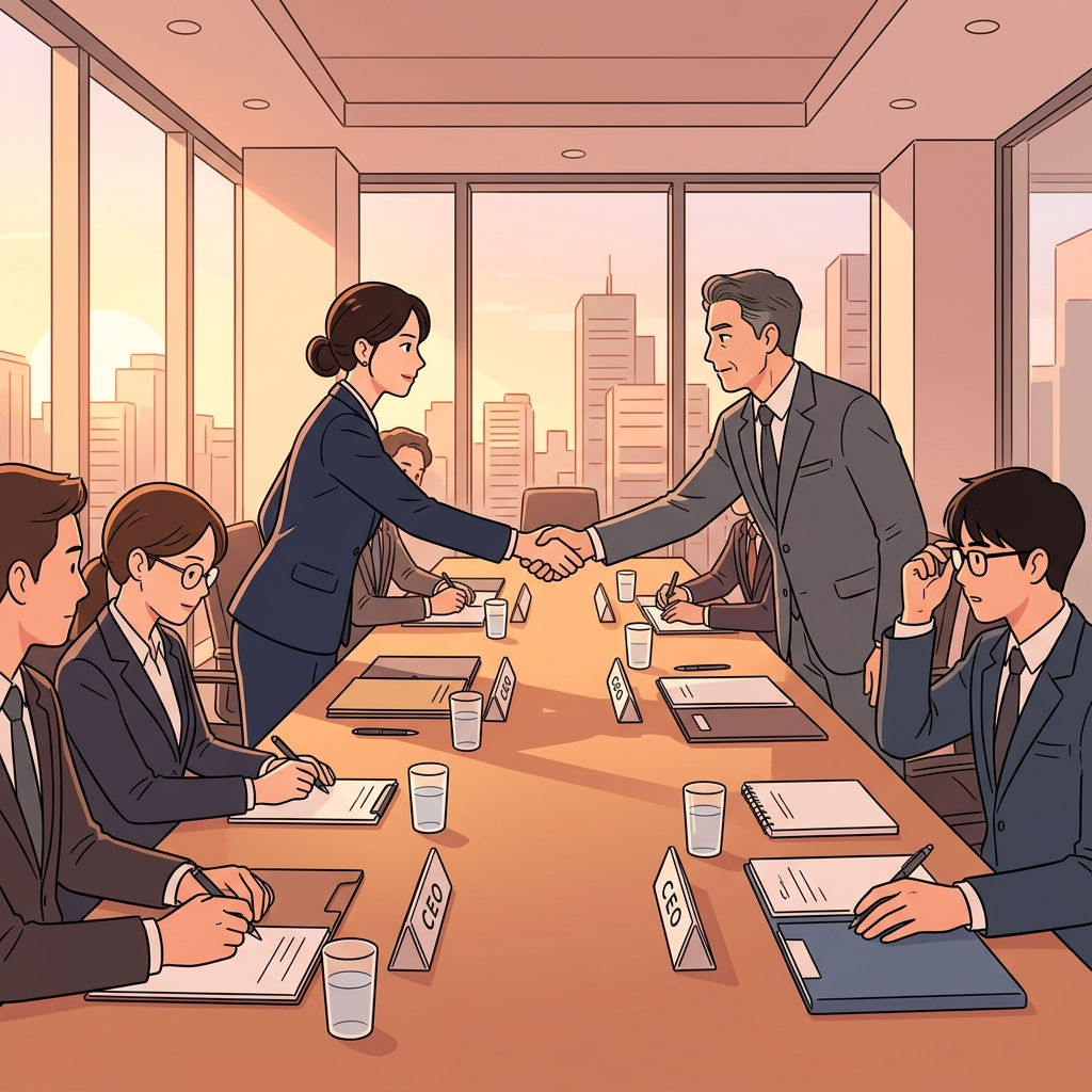 CEO가 자리에서 일어나 악수로 합병 협상을 시작한다.