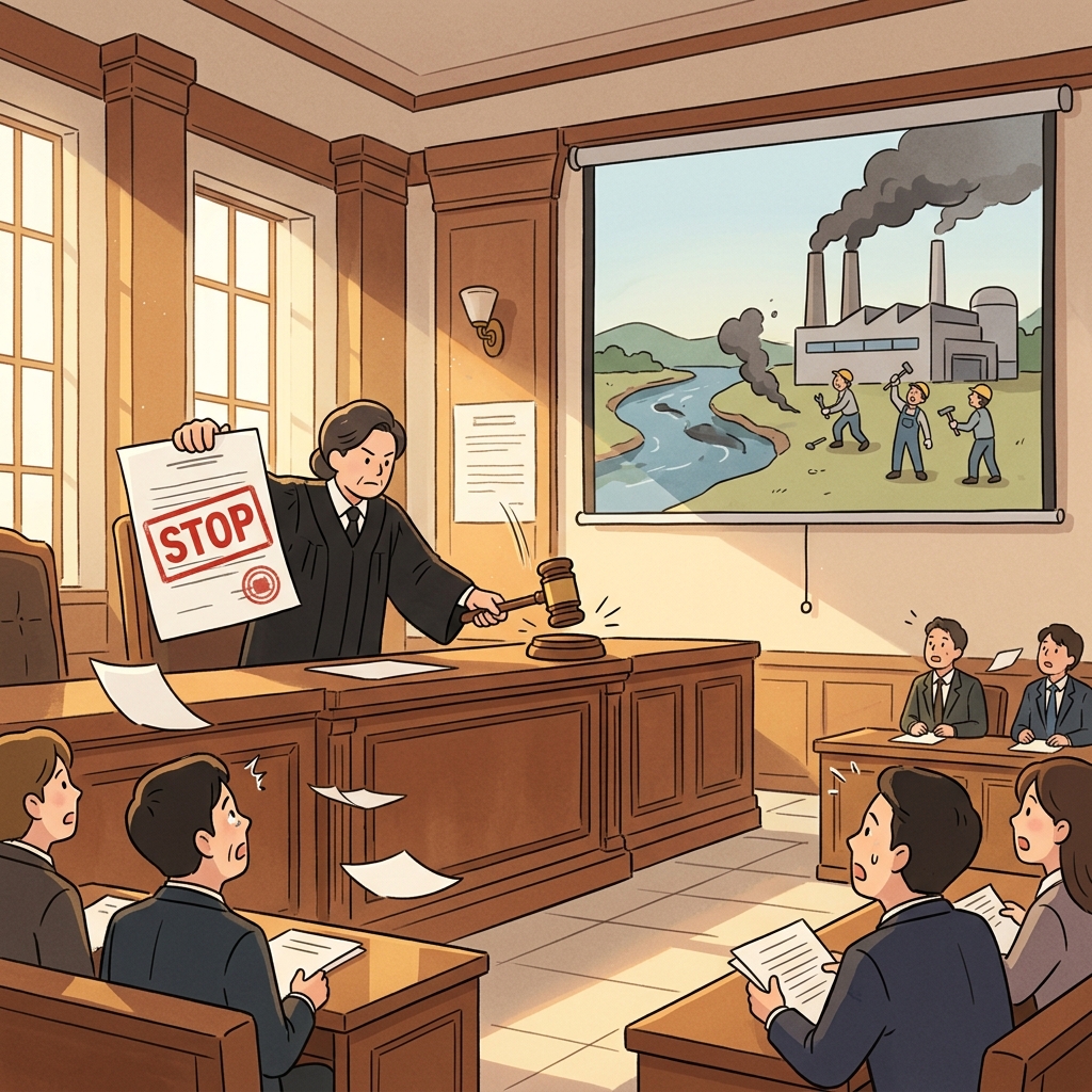 The judge issued an injunction to immediately halt the factory's pollution.