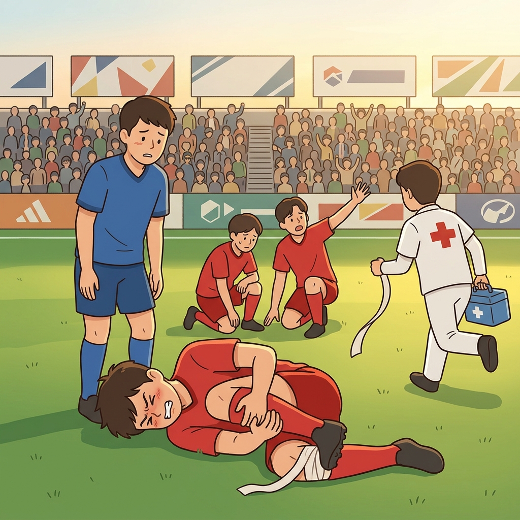 거친 태클에 선수가 다쳐서 그라운드에 쓰러졌다.