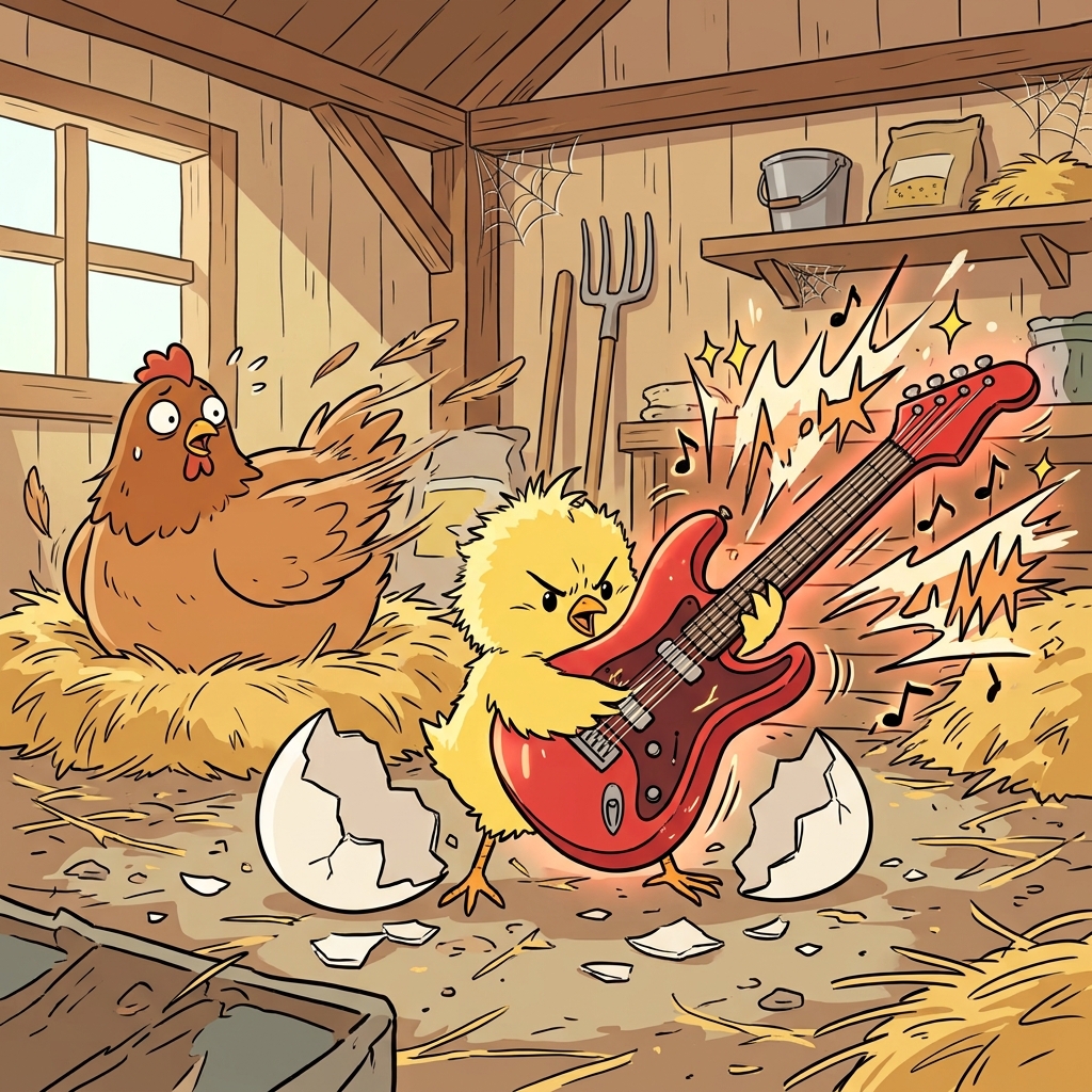 Bursting from the shell, the tiny baby chick aggressively shredded a massive electric guitar, proving its musical genius was completely innate.