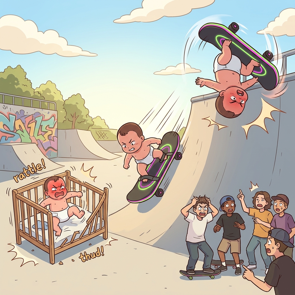 Refusing to just wait in his crib, the aggressive newborn strapped on a giant board to skate, proving his extreme sports skills were completely innate.